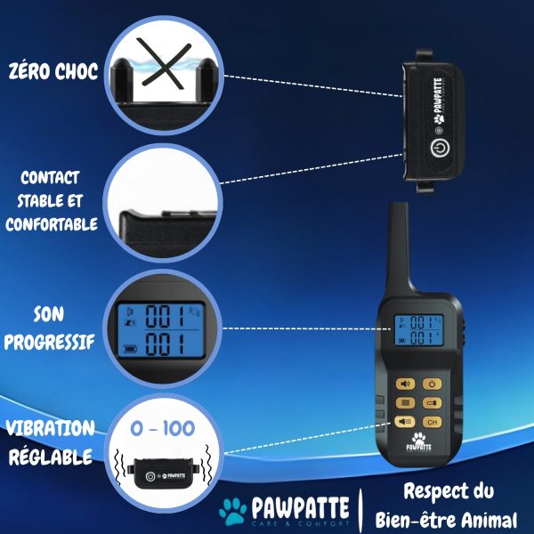 B0DT9F213L.PT05 PAWPATTE Collier Anti Aboiement 2en1 Chien avec Télécommande – Dressage et Rappel Sans Choc, Son & Vibration, Détection Intelligente des Aboiements, Rechargeable, Étanche IP67, 3 Chiens, Petit à Grand